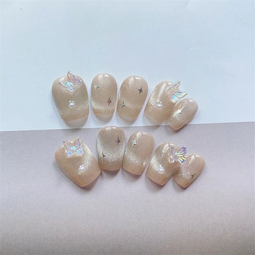 Qfdian 10Pcs Glitter Handmade Press On Nails Short Gradient Full Cover Butterfly Design False Nails Manicure Wearable Nail Tips Art